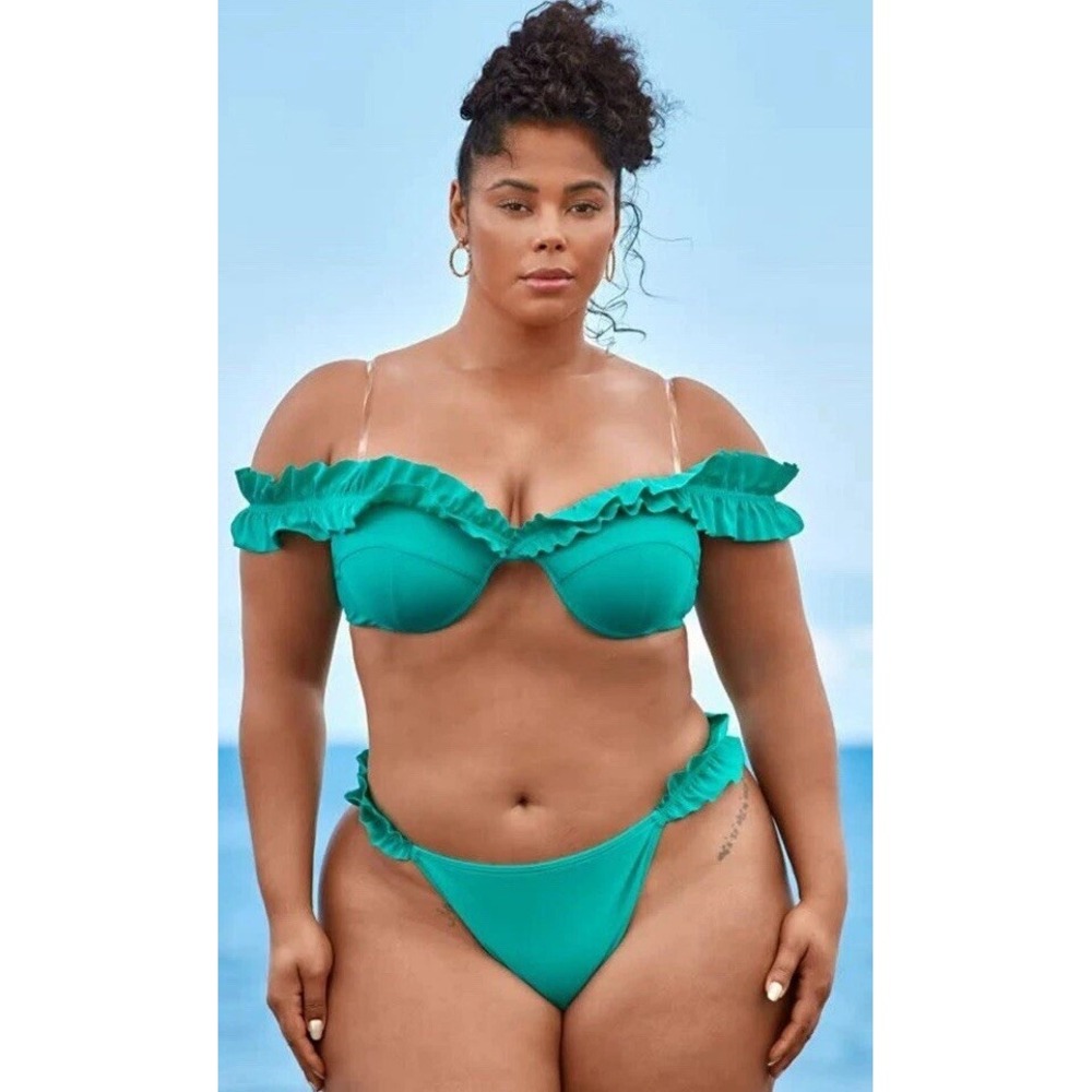Tabria Majors Bikini Swim Top Ruffle Strap Green Teal Size 2